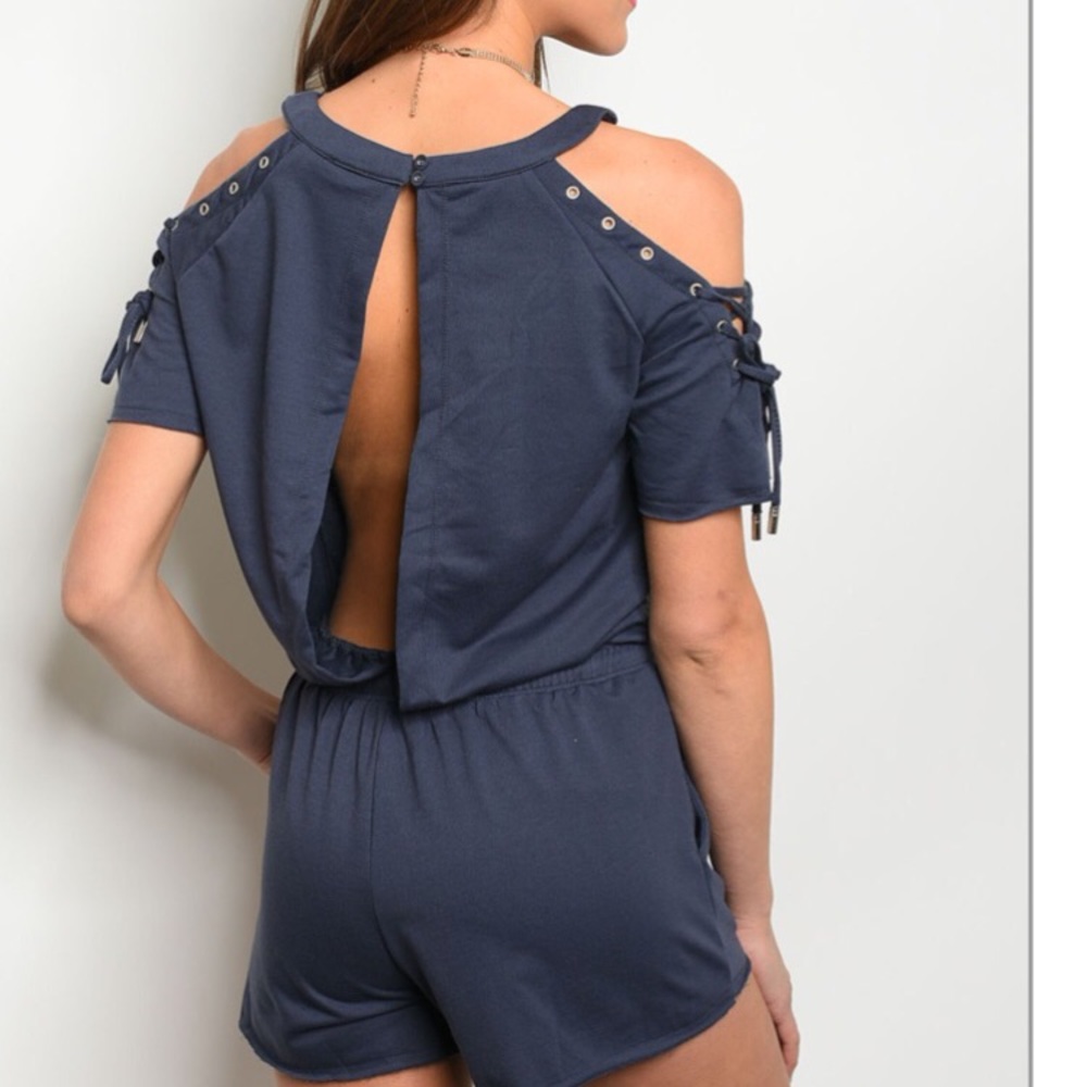 Navy Blue Cold Shoulder Lace-Up Romper with Drawstring Waist and Open Back - Picture 2 of 2